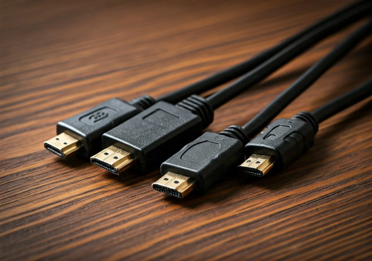 A close-up of various HDMI cables on a wooden table. 35mm stock photo