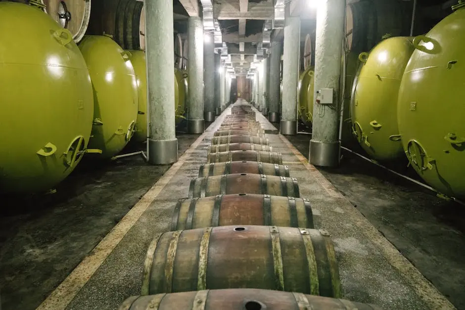 A modern wine cellar featuring rows of wooden barrels and large green storage tanks.