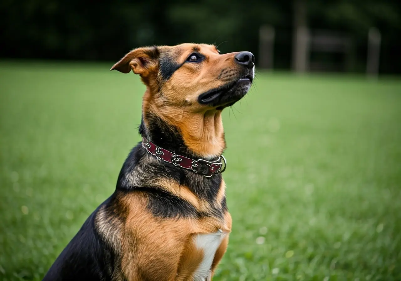 A cheerful dog sits attentively in a training class. 35mm stock photo