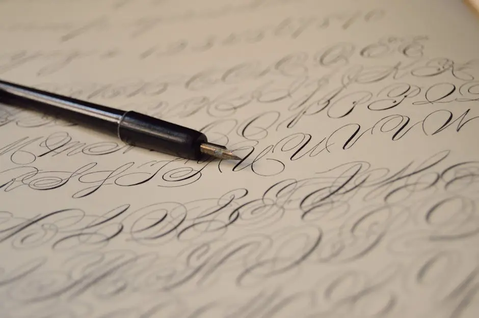 Close-up of elegant calligraphy handwriting using a fountain pen on paper, showcasing artistic lettering.