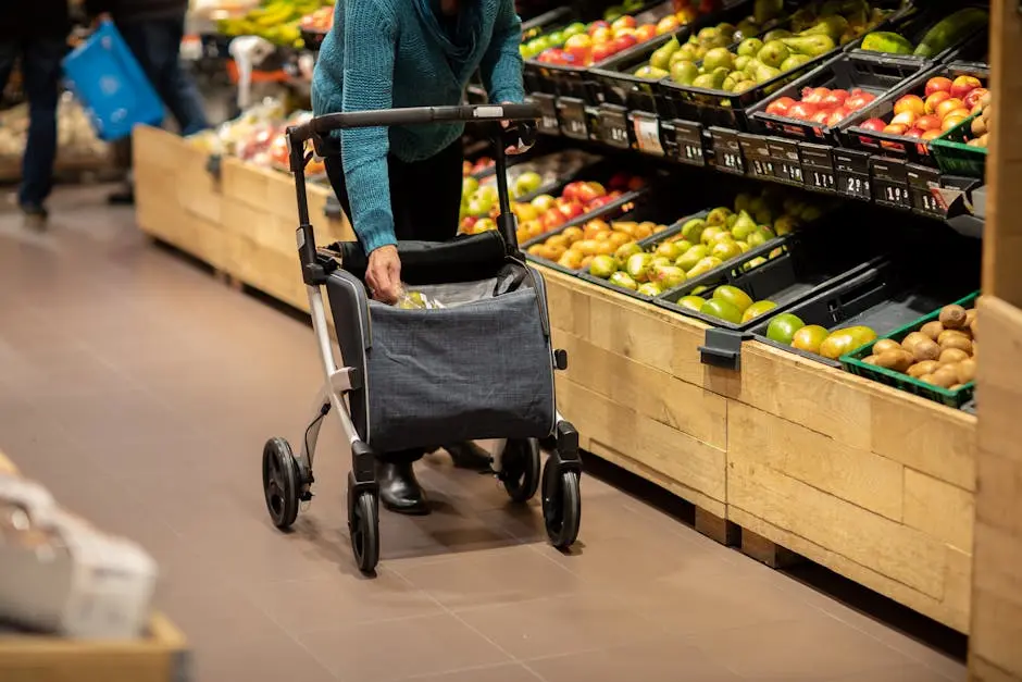 Elderly woman using rollator shopping for fresh produce in a Utrecht supermarket.