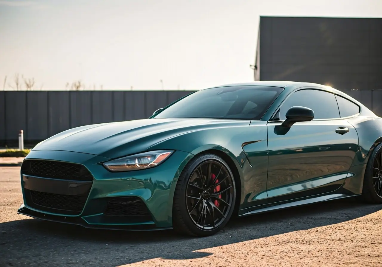 A glossy, ceramic-coated car reflecting sunlight vividly. 35mm stock photo