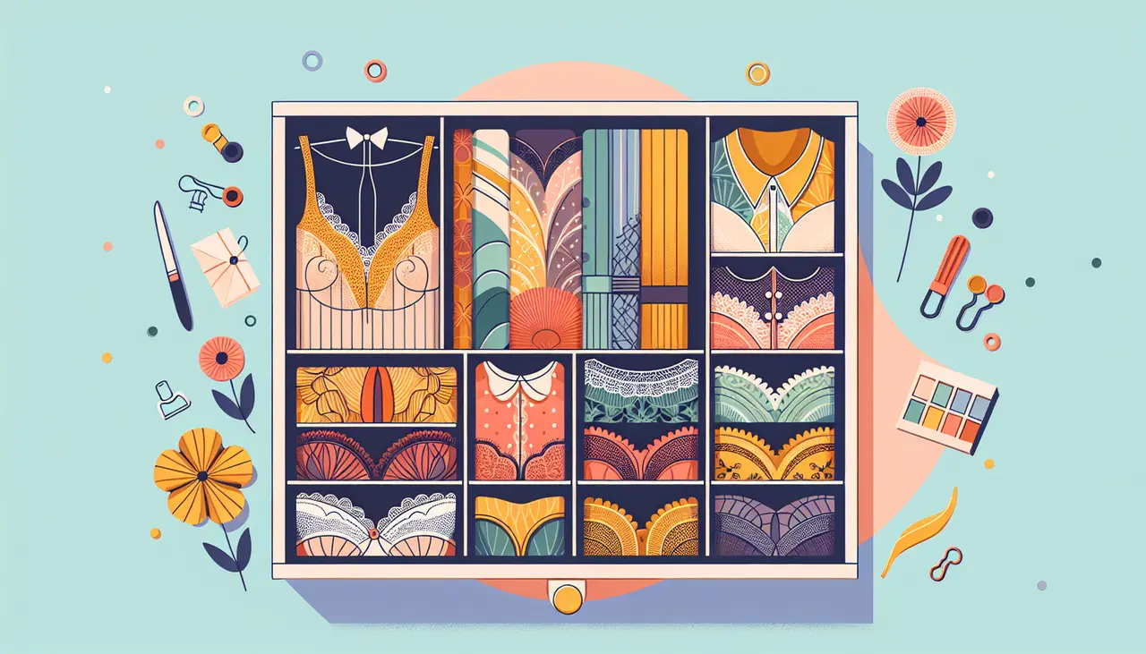 Draw a graphic in flat design style. A stylish flat design illustration of a neatly arranged lingerie drawer containing ten elegant Musotica pieces, each uniquely designed to highlight different colors and patterns, set against a soft pastel background.