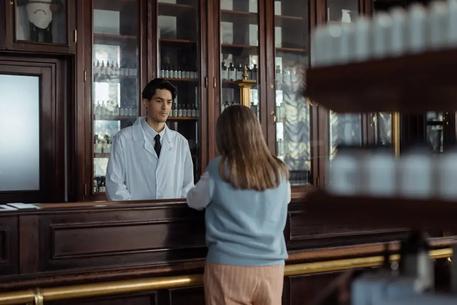 A pharmacist assists a customer at a vintage wooden pharmacy counter indoors.