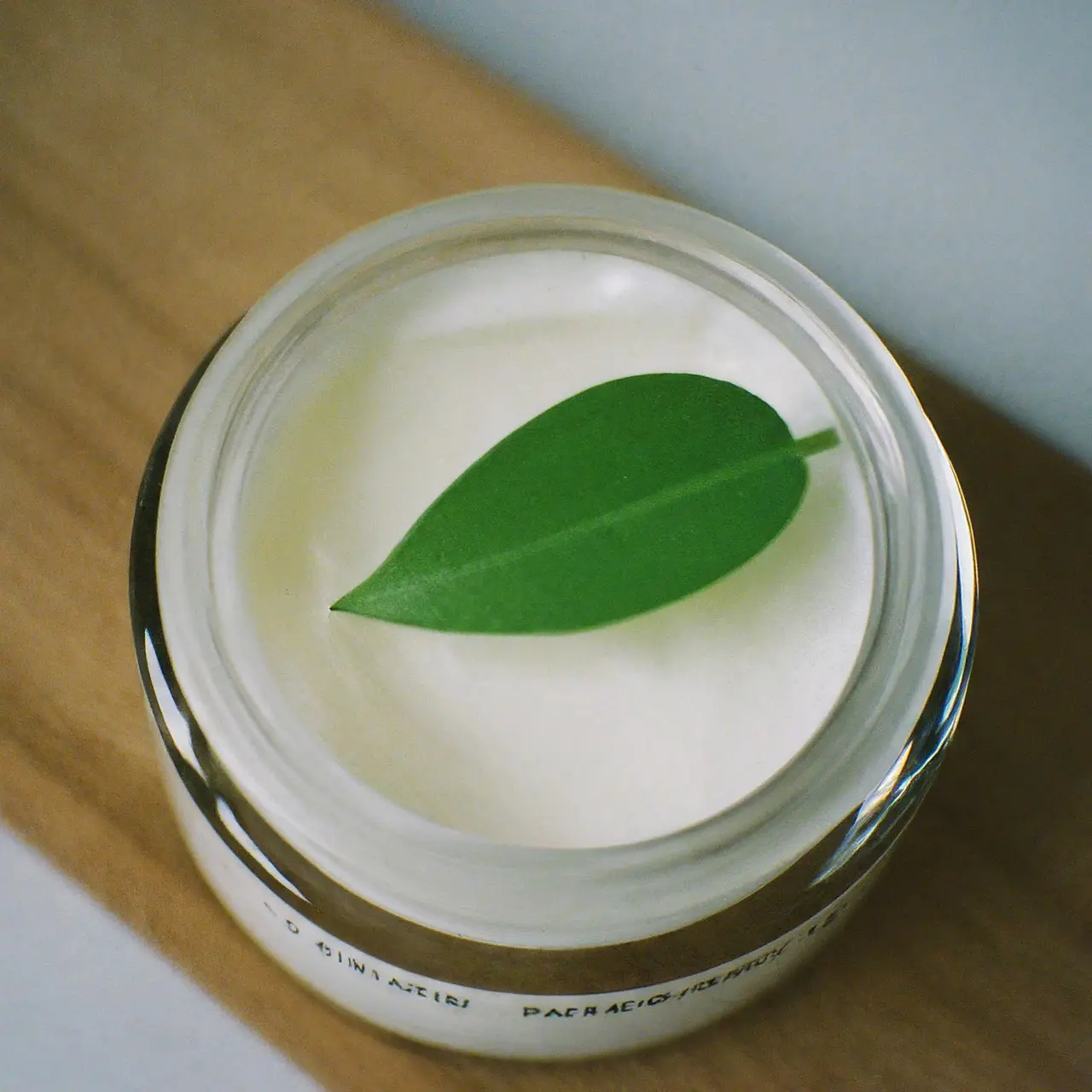 A jar of natural day cream with a leaf on top. 35mm stock photo