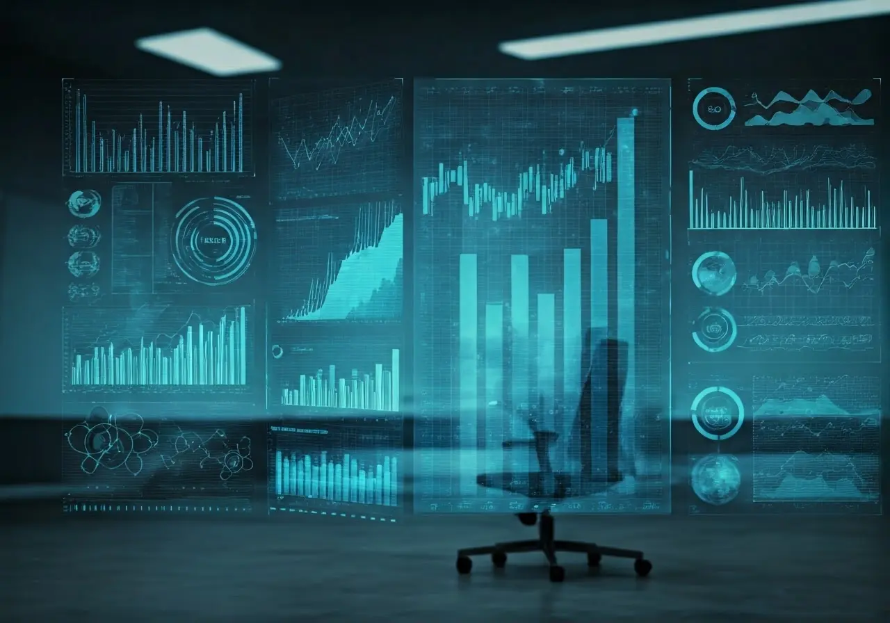 A futuristic office setting with digital graphs and charts. 35mm stock photo