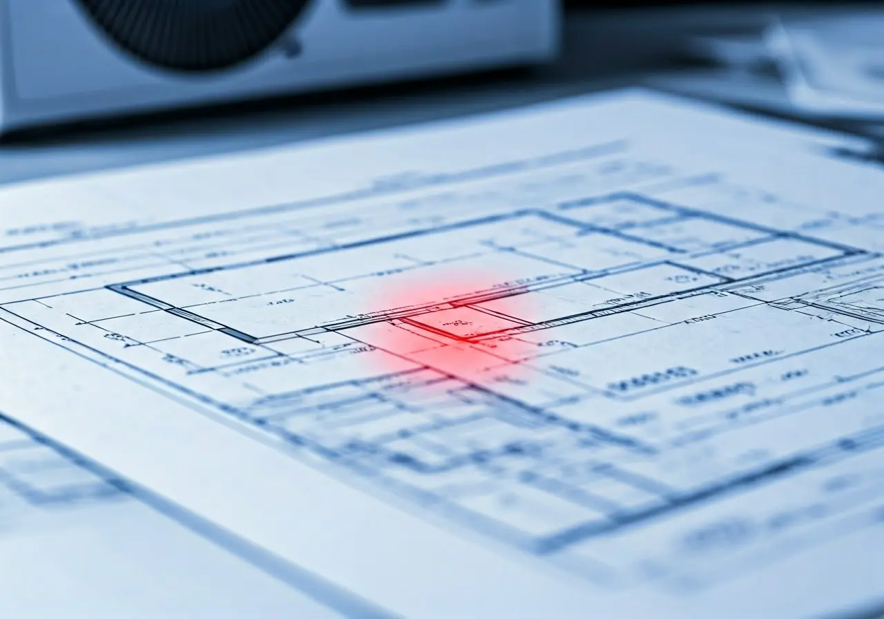 Blueprints of HVAC system with highlighted flaws in red. 35mm stock photo