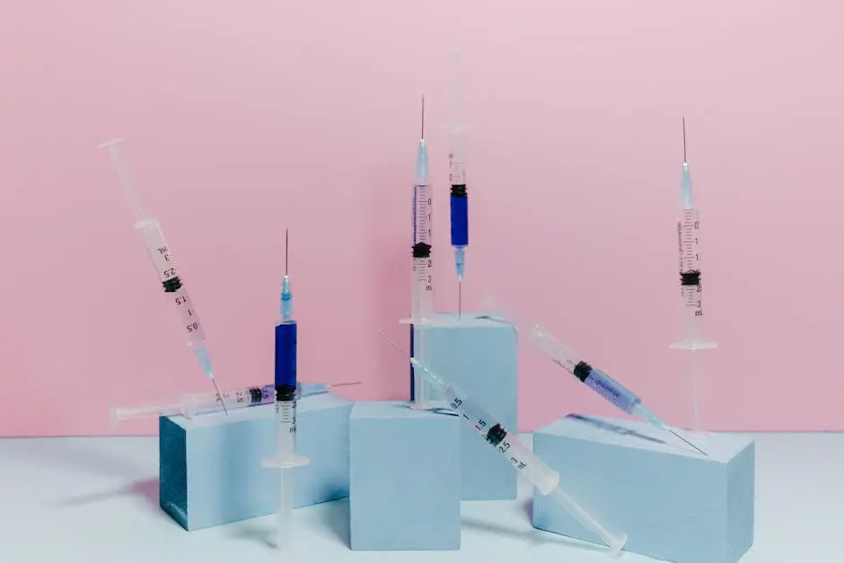 A conceptual studio shot of medical syringes on a pastel pink and blue background.