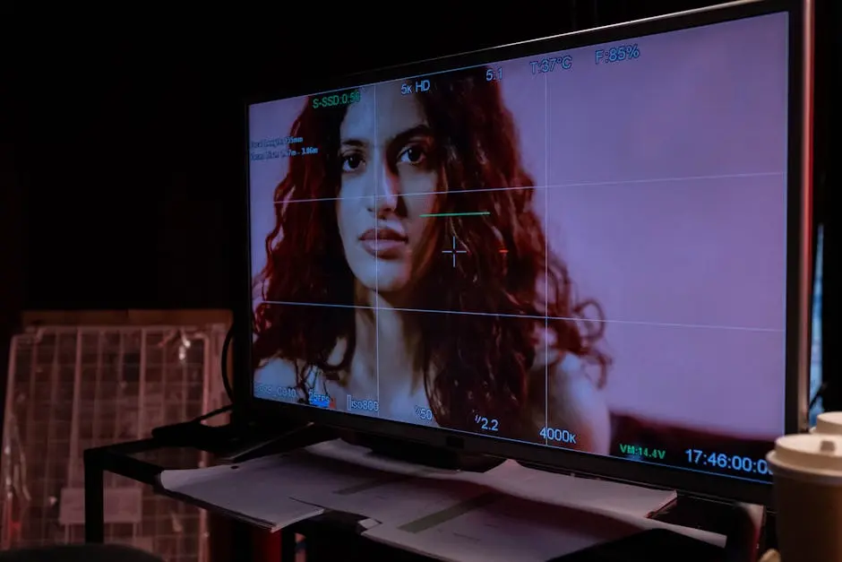 A monitor displays a woman’s portrait with technical overlay, indoors.