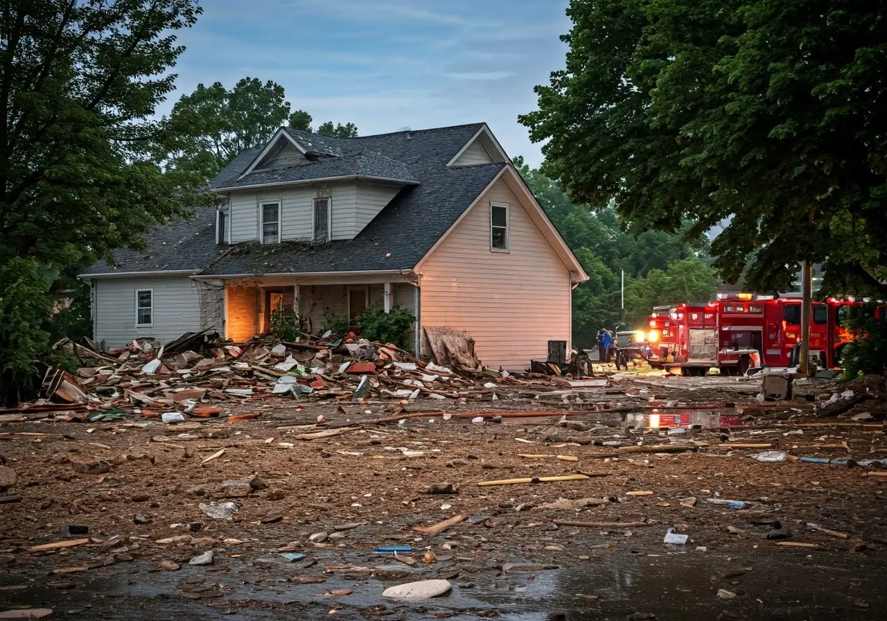 A flooded house surrounded by debris and emergency response vehicles. 35mm stock photo