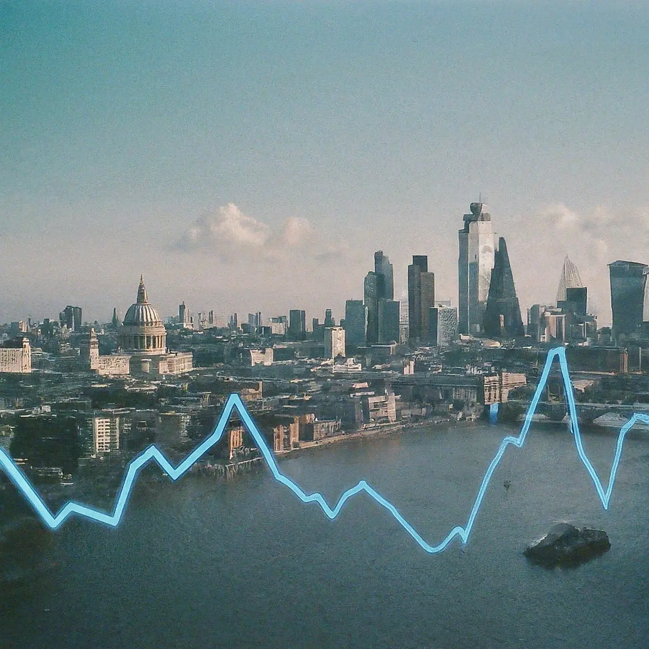 Skyline of London with futuristic digital financial graphs overlay. 35mm stock photo