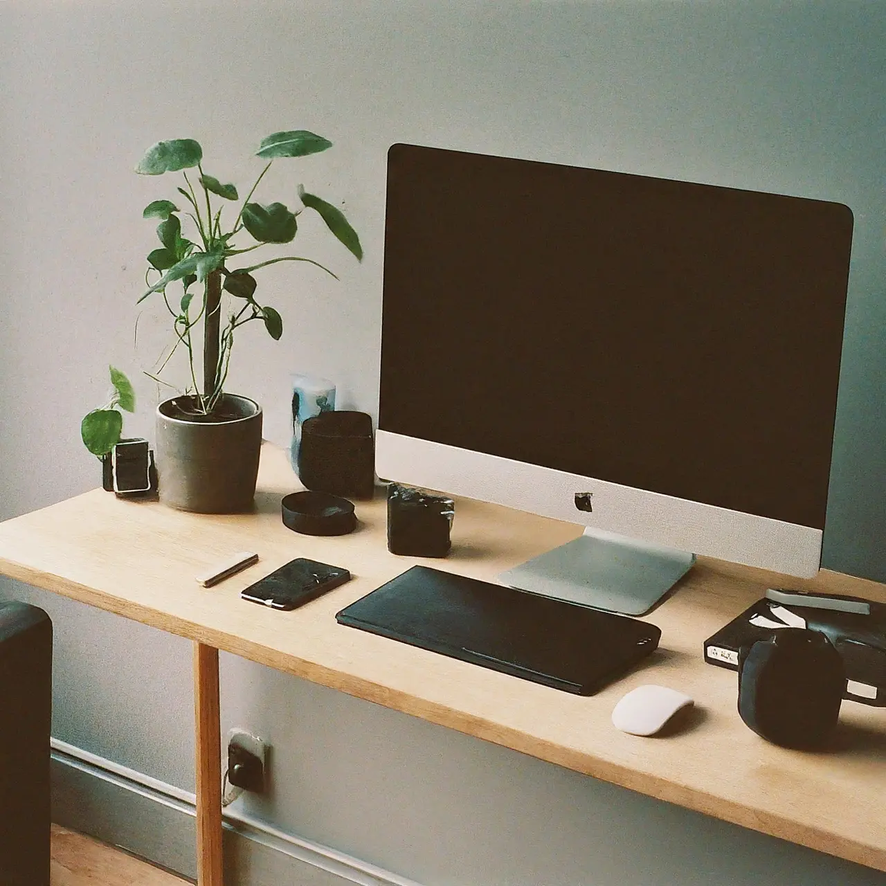 A modern office desk with a computer and tech gadgets. 35mm stock photo