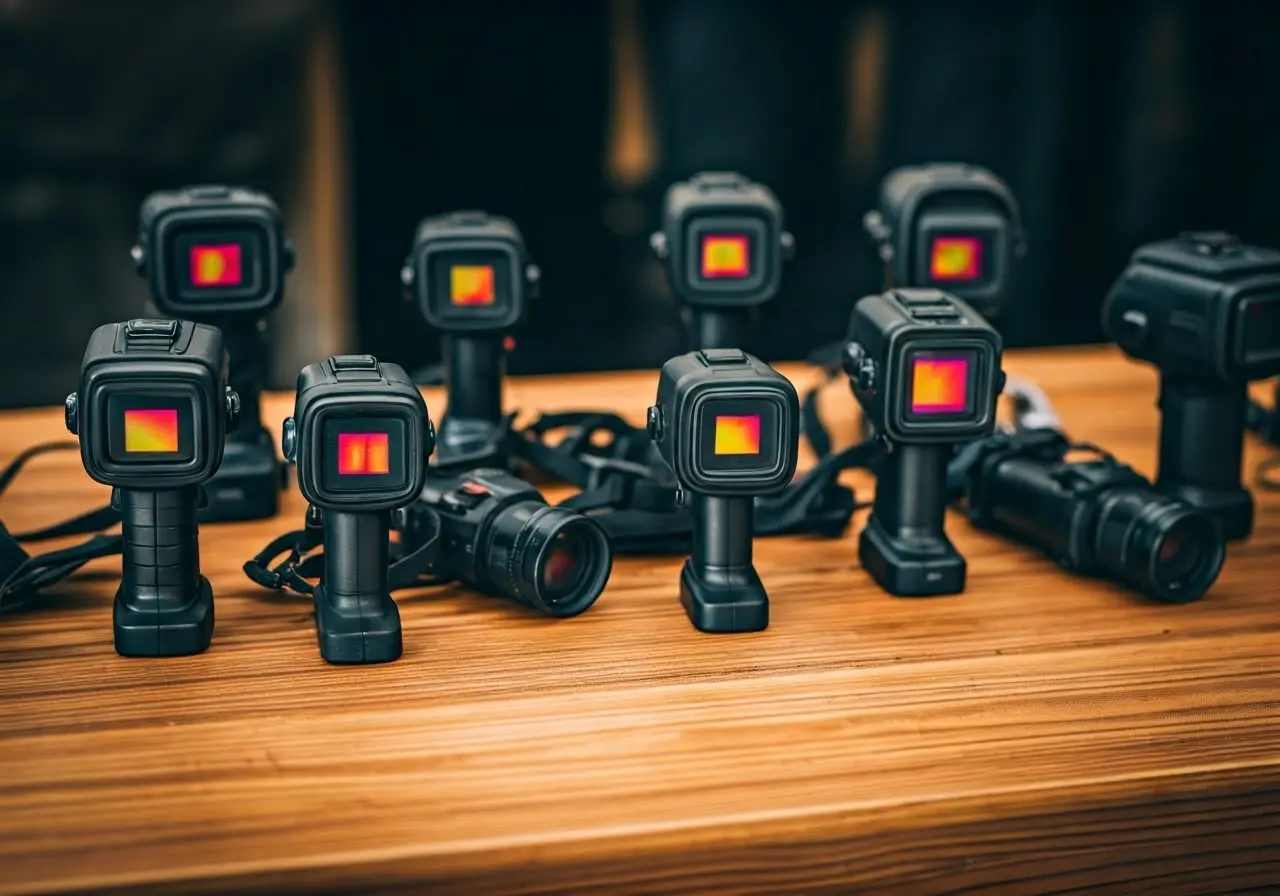 A variety of thermal cameras displayed on a wooden table. 35mm stock photo