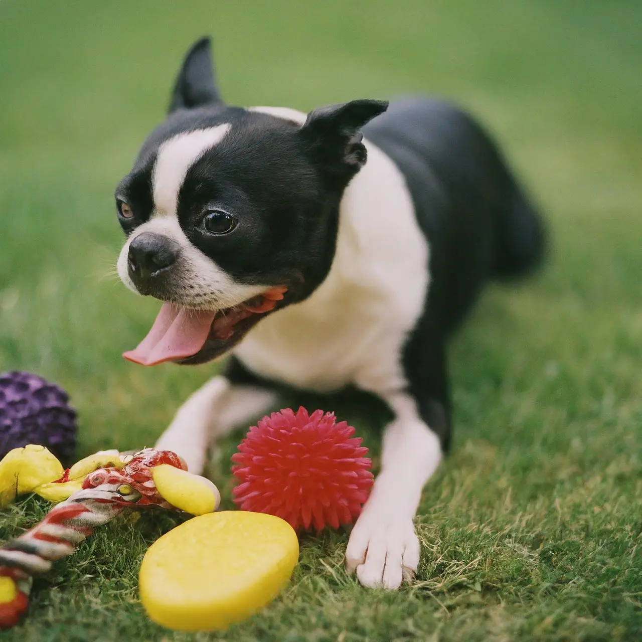 A happy Boston Terrier playing with various dog toys. 35mm stock photo