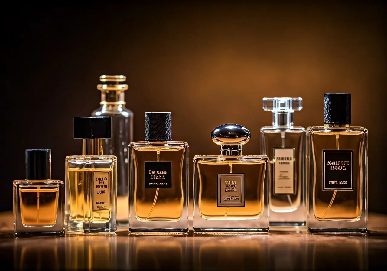 A set of luxury perfume bottles arranged elegantly on a table. 35mm stock photo