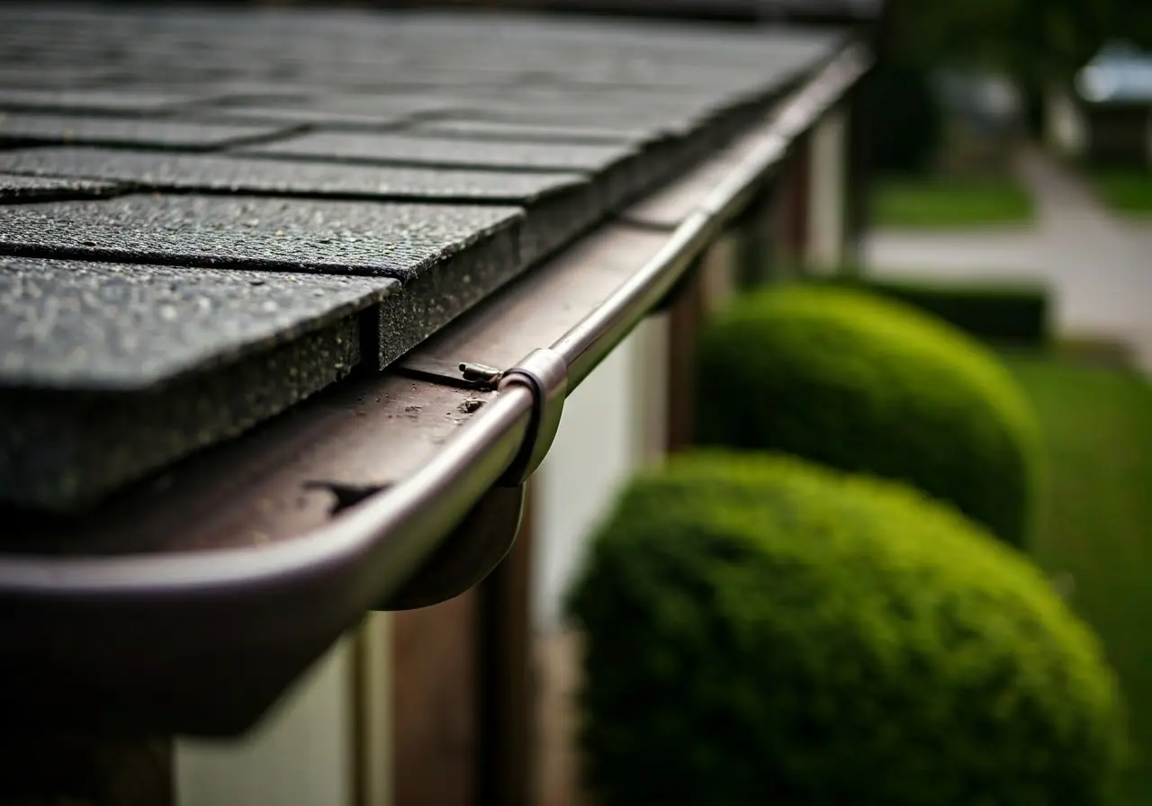 A clean and well-maintained gutter on a suburban home. 35mm stock photo