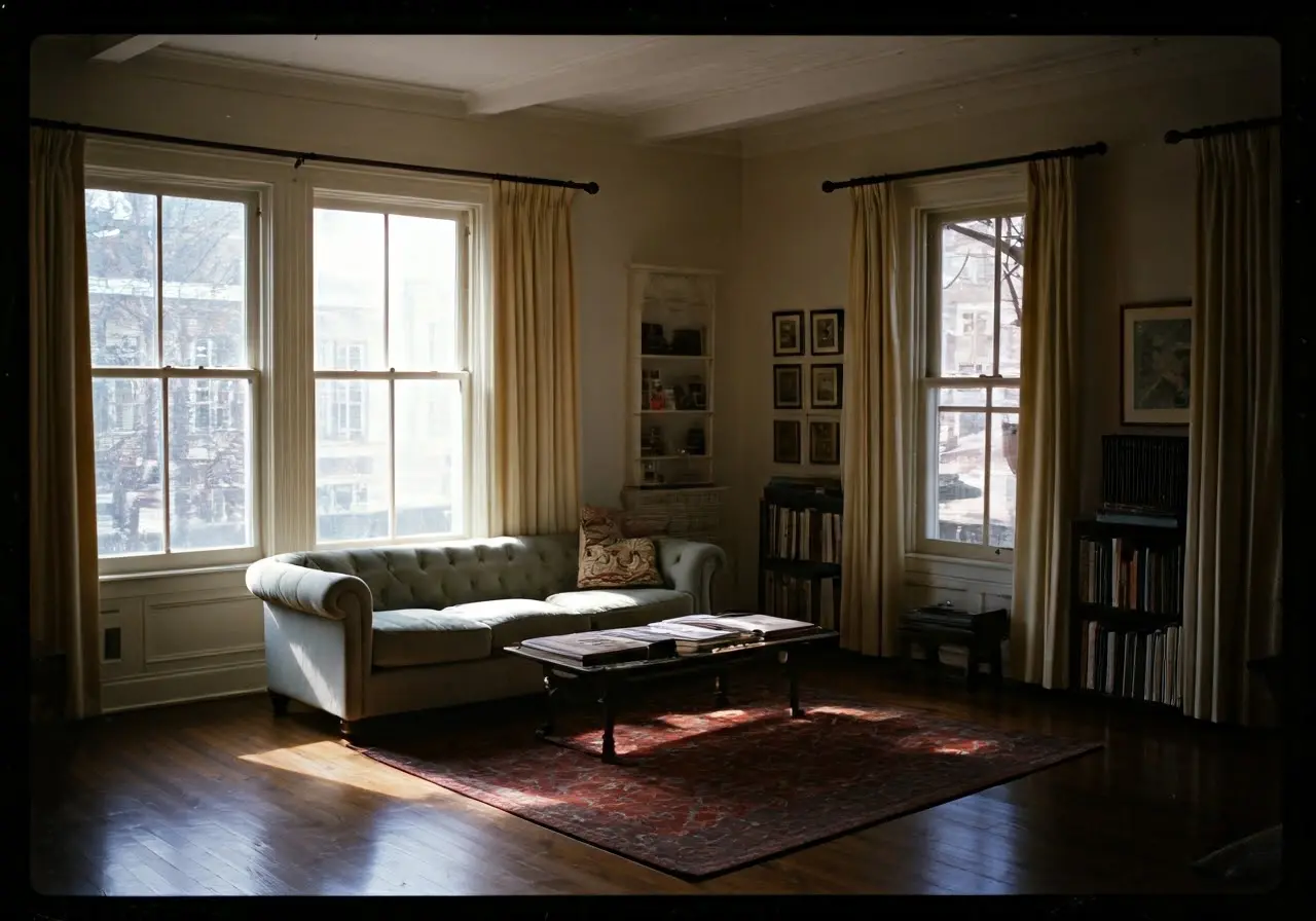 A pristine, organized Minneapolis living room with sunlight streaming in. 35mm stock photo