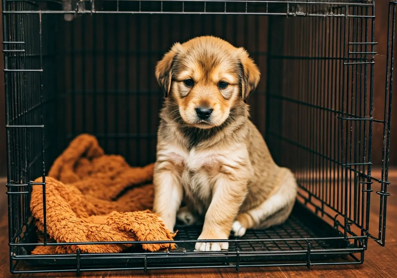 A puppy sitting comfortably inside a spacious crate. 35mm stock photo