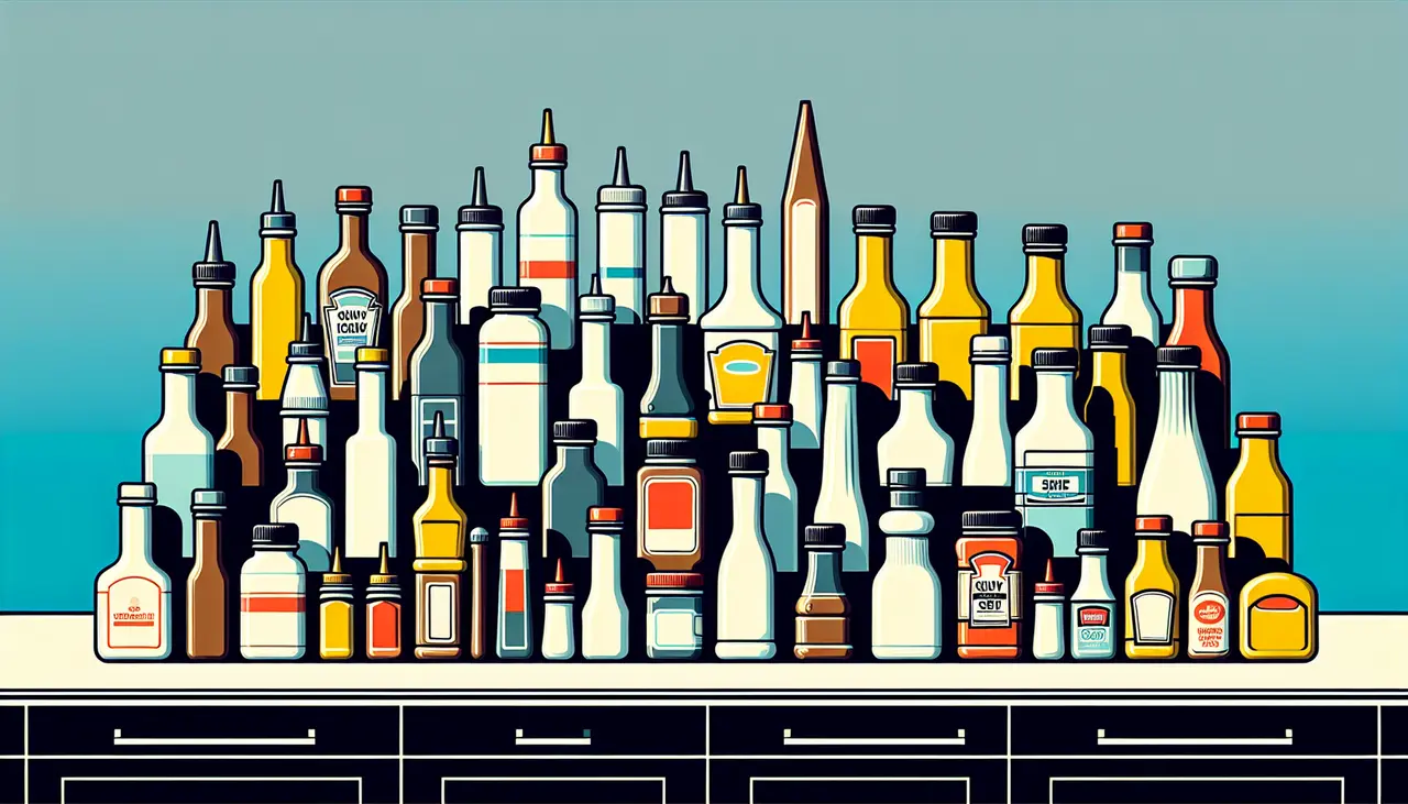 Draw a graphic in flat design style. Prompt: A tidy kitchen counter with neatly arranged bottles of various condiments in Flat Design Style.