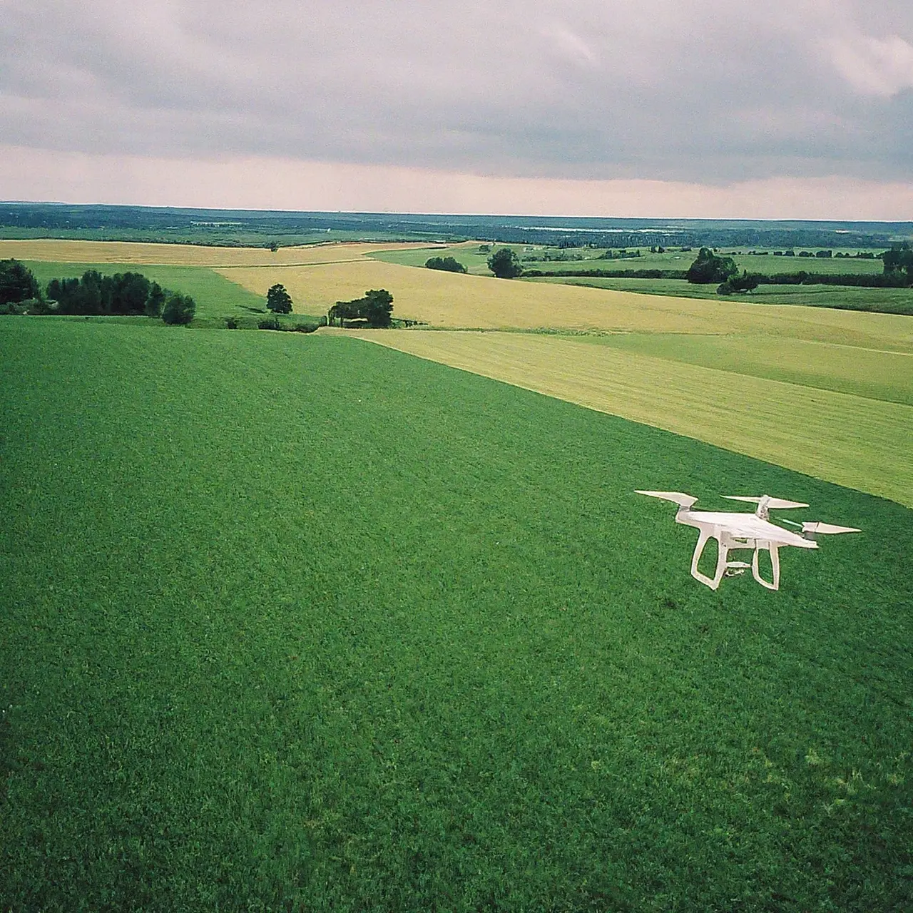 A drone flying over a lush green farm field. 35mm stock photo