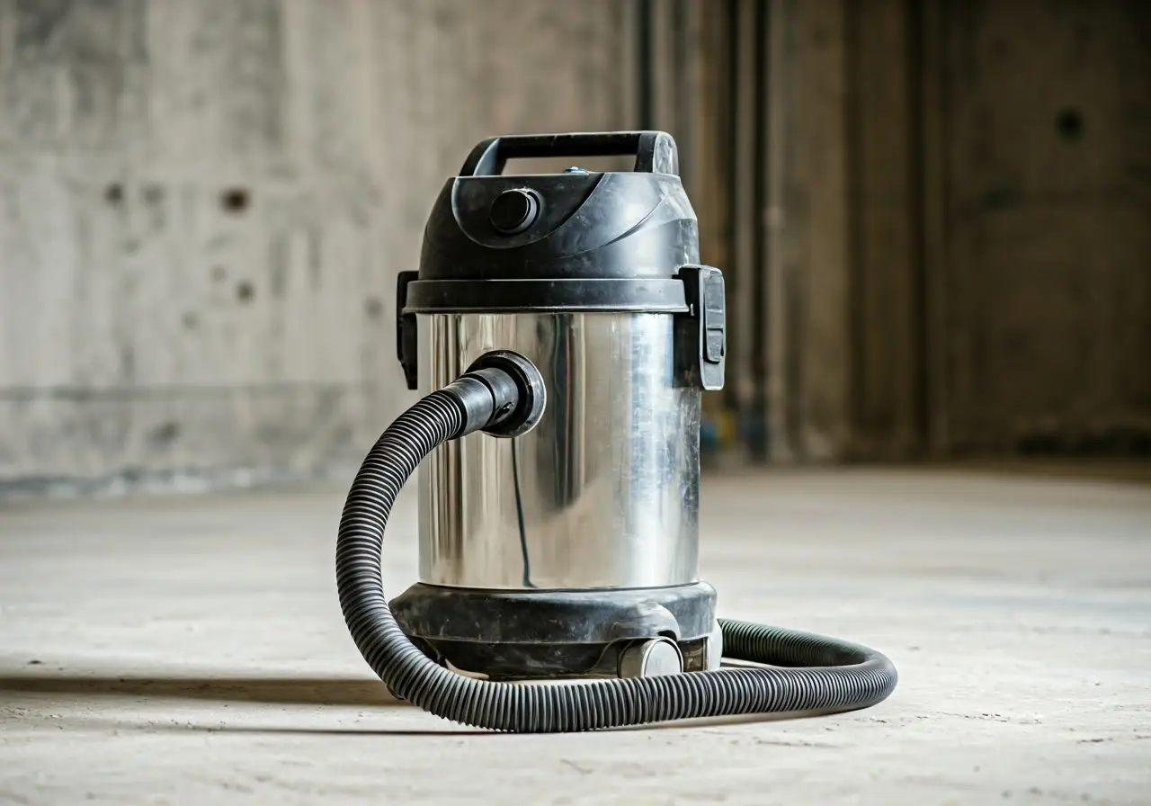 A HEPA vacuum cleaner on a construction site floor. 35mm stock photo