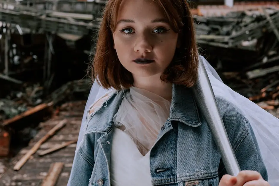 Girl in Blue Denim Jacket Standing on Brown Wooden Stairs