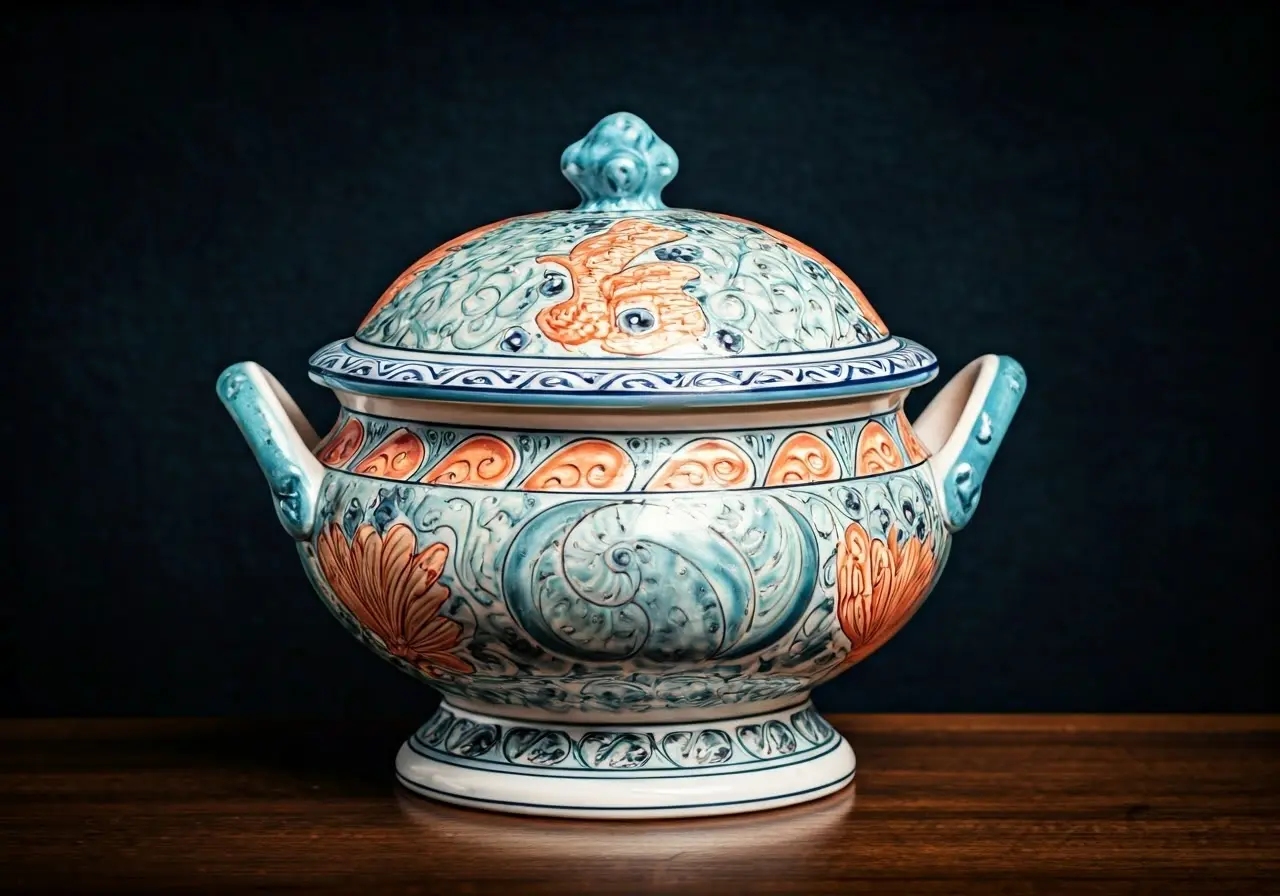 Colorful Yemaya soup tureen surrounded by sea-inspired decorations. 35mm stock photo