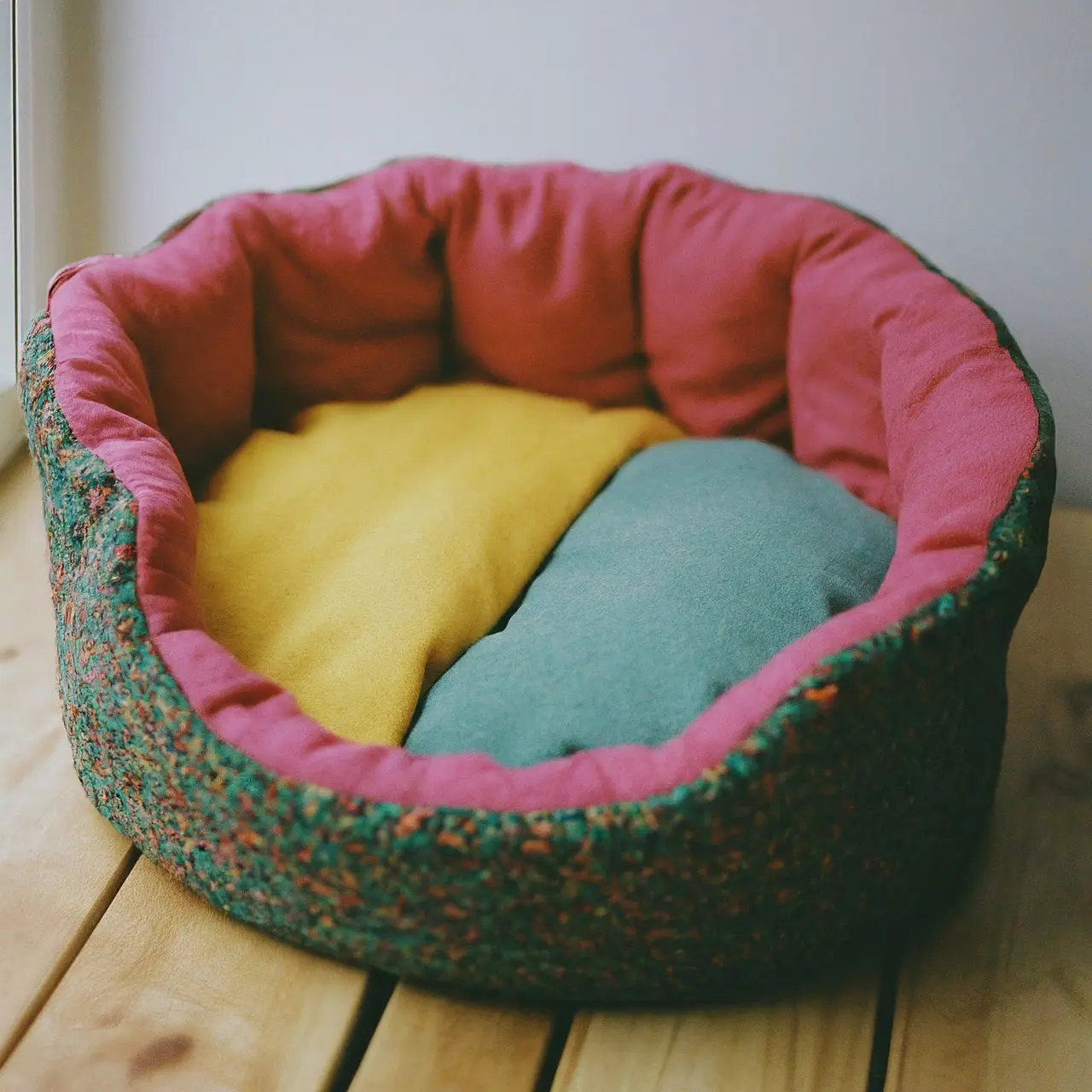 A cozy handmade pet bed with colorful fabrics and cushions. 35mm stock photo