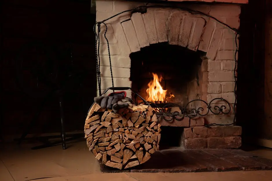 A warm fireplace with a stack of firewood evokes comfort and relaxation.