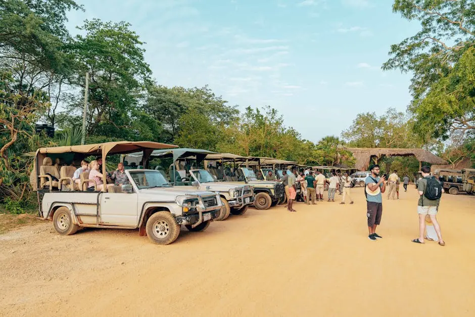 A group of people preparing for a safari tour in open-top 4x4 vehicles on a sunny day.