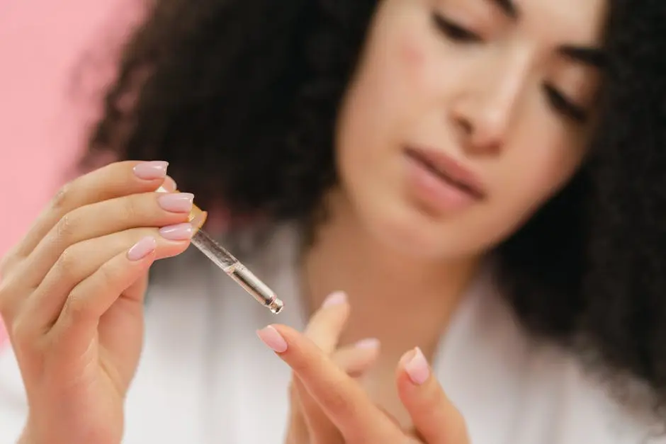 Close-up of a young woman applying skincare serum with a pipette against a pink background.