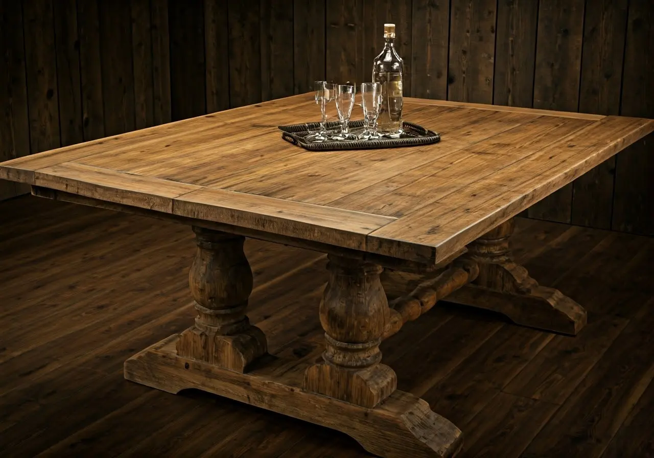 A rustic wooden dining table with intricate carved patterns. 35mm stock photo