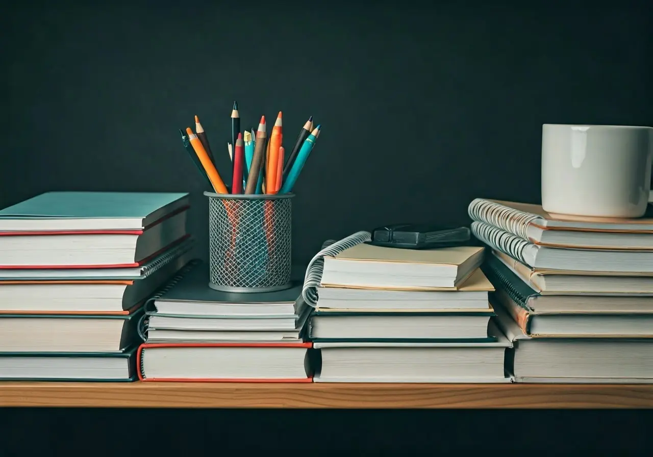 A desk cluttered with books, notes, and highlighters. 35mm stock photo