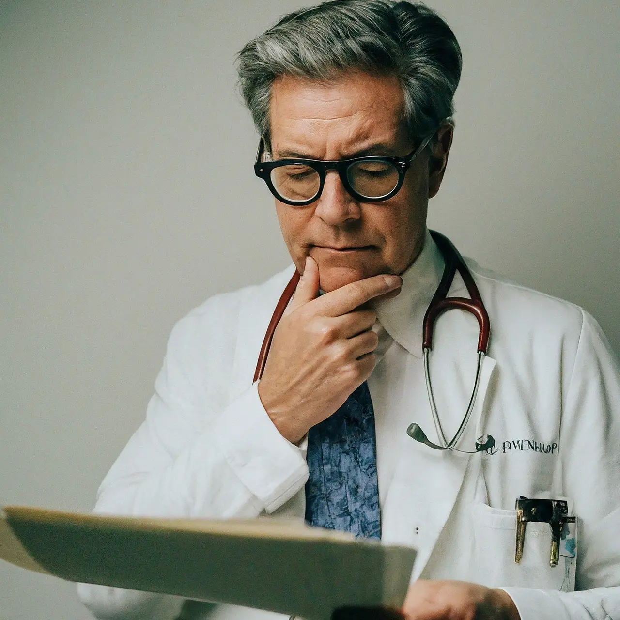 A doctor reviewing medical charts with a thoughtful expression. 35mm stock photo