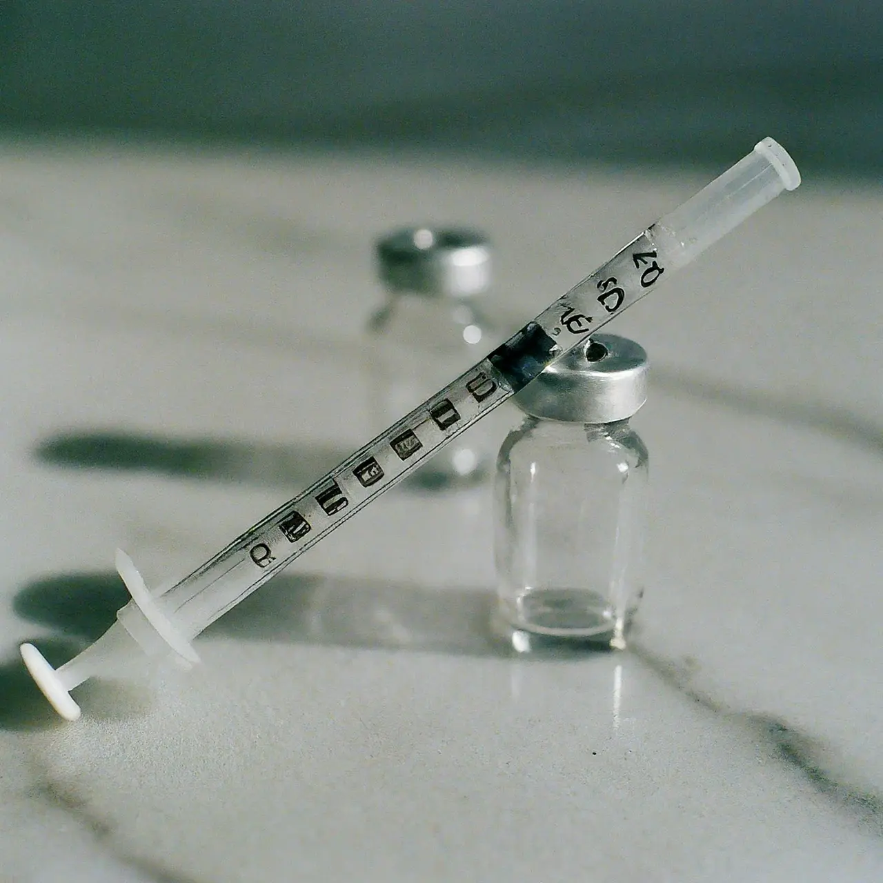 A syringe and small vials on a marble surface. 35mm stock photo