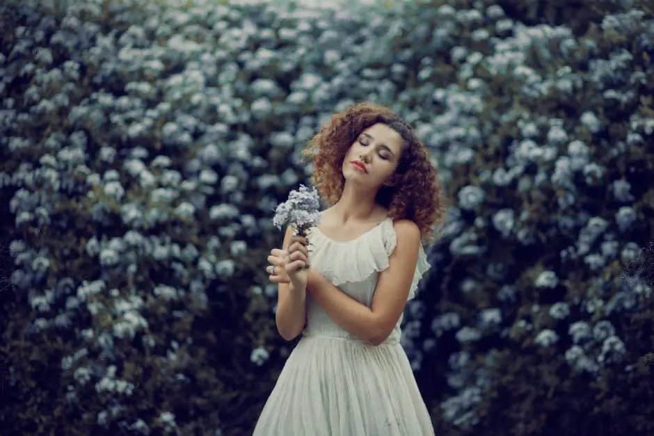 Model in Dress Posing with Flowers