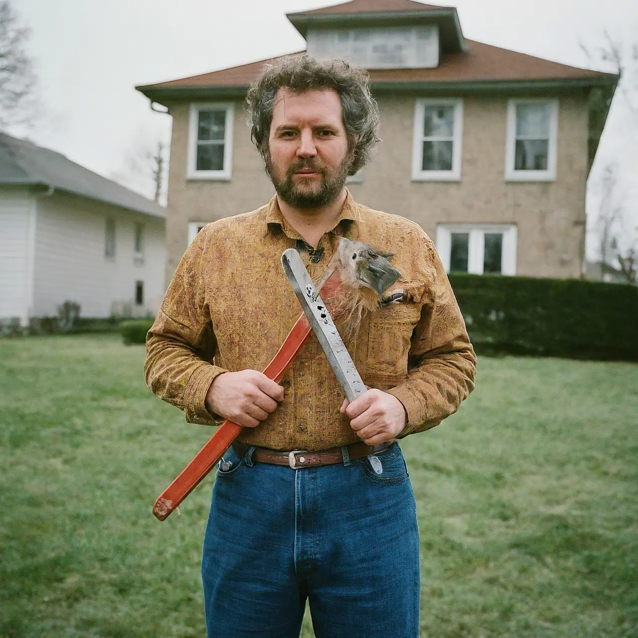 A handyman holding tools with a house in the background. 35mm stock photo