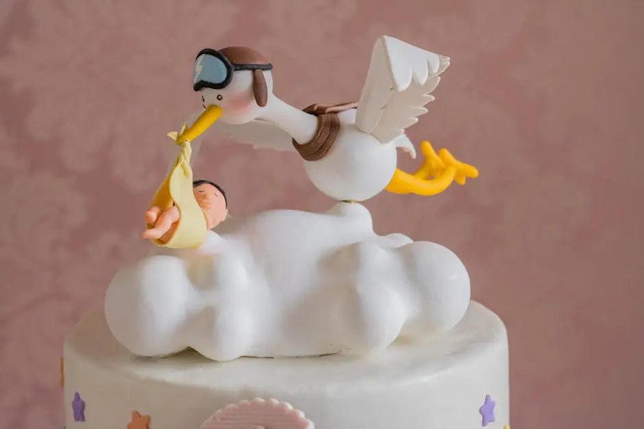 Close-up of a whimsical stork carrying a baby figurine on a cake top, ideal for baby showers.