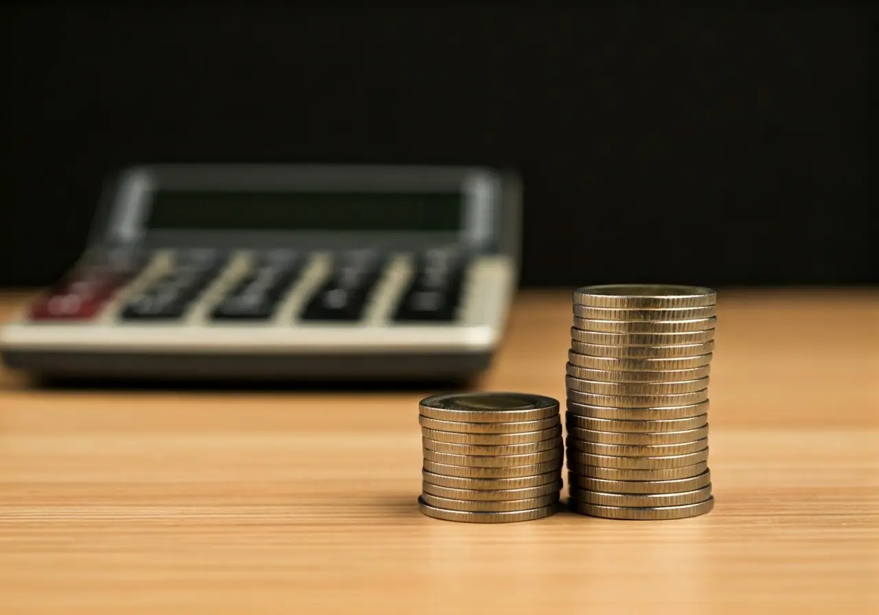 Stacks of coins next to a calculator on a desk. 35mm stock photo