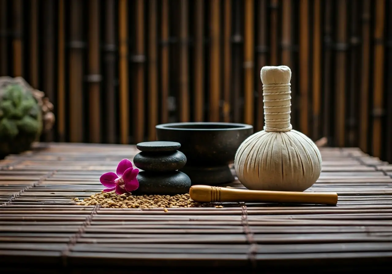 Traditional Japanese massage tools and serene zen garden setting. 35mm stock photo