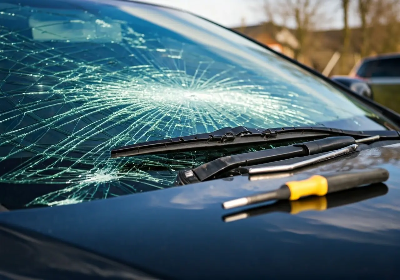 Cracked car windshield repair tools on a car hood.