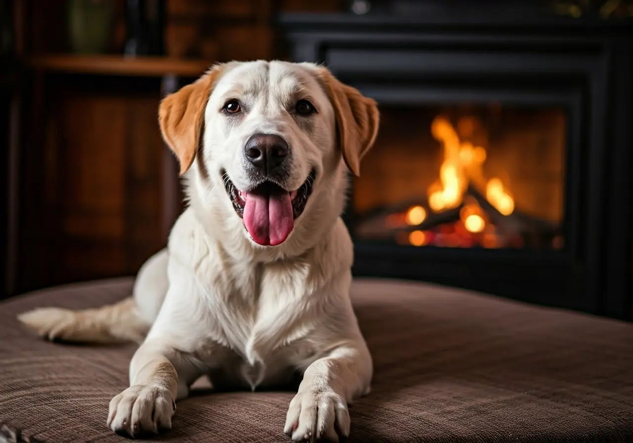 A playful dog in a cozy living room setting. 35mm stock photo