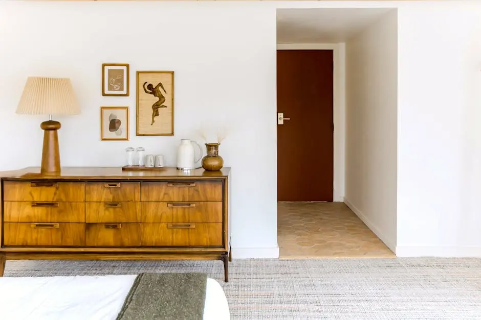 A bedroom with a dresser and a nightstand