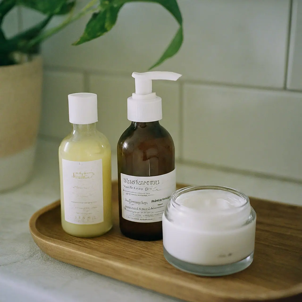 A variety of natural facial cleansers on a bathroom counter. 35mm stock photo