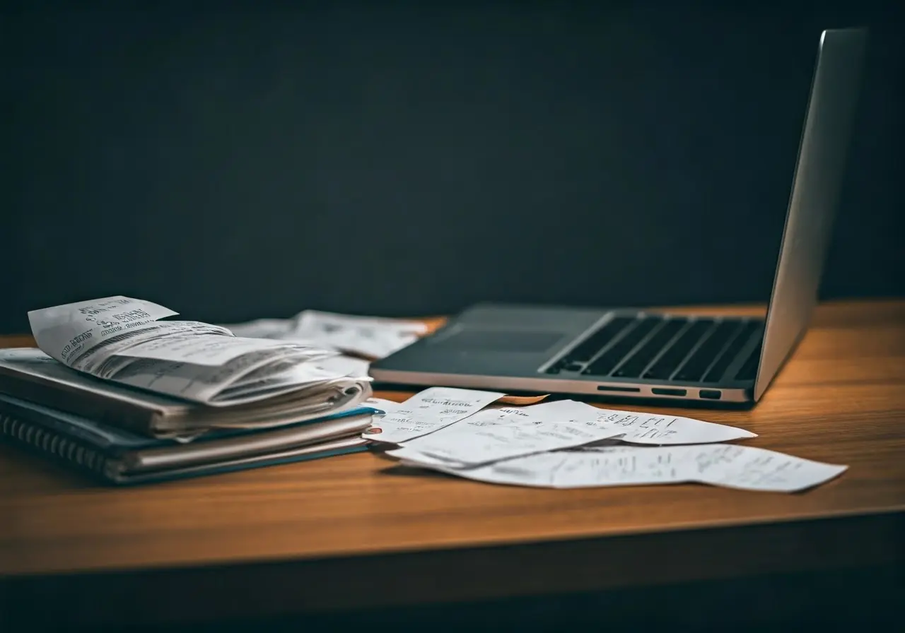 A cluttered desk with a laptop and scattered receipts. 35mm stock photo