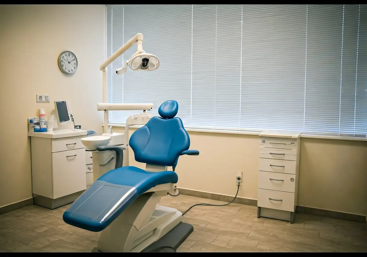 A calm dental office with a reclining chair and serene decor. 35mm stock photo