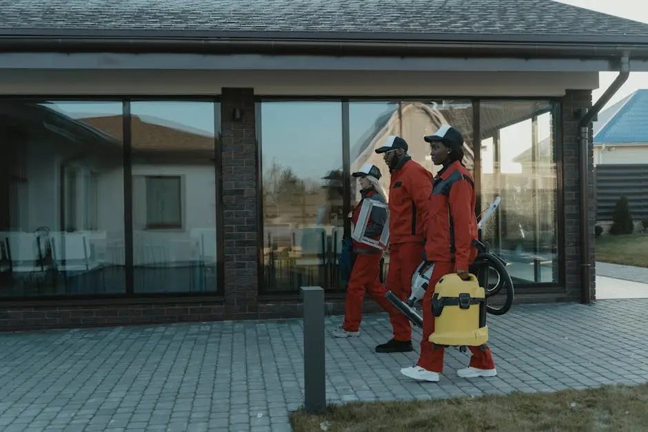 A professional cleaning team in uniforms with equipment approaching a glass-fronted house.