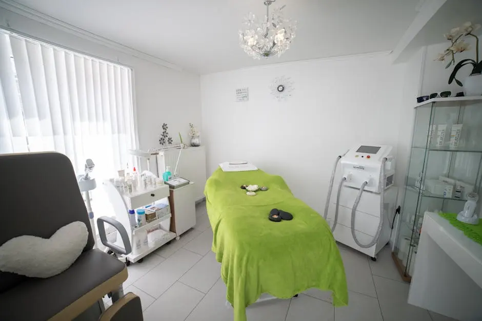 Bright and modern spa room with massage bed and equipment for wellness treatments.