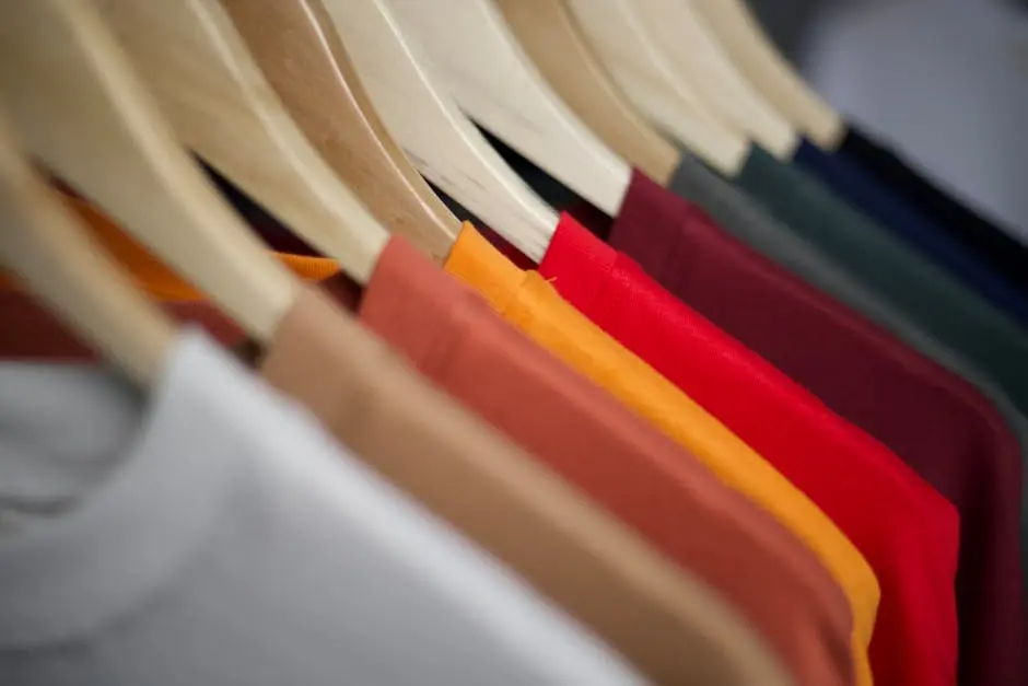 Close-up of colorful T-shirts arranged on wooden hangers, highlighting fashion display.