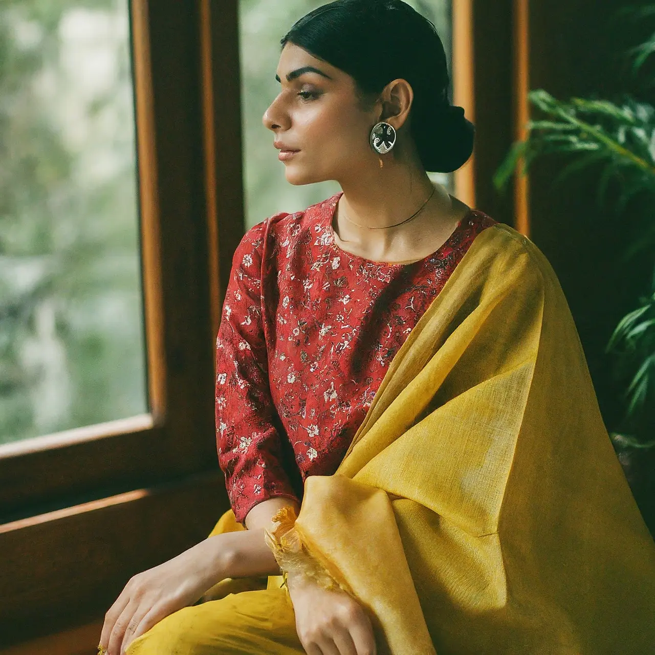 A Kurta set paired with a handloom saree, elegantly draped. 35mm stock photo